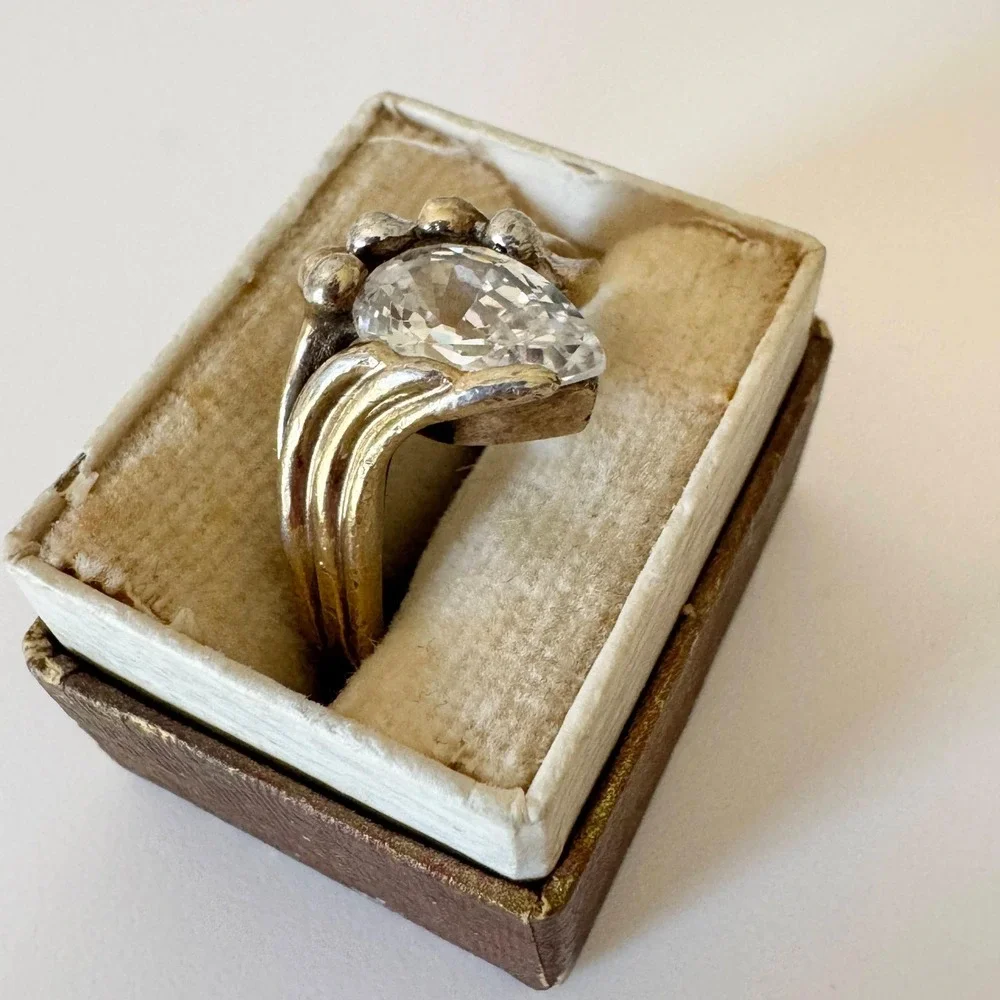 Vintage Artisan Sterling Silver Pear Cubic Zirconia Brutalist Modern Ring Size 8